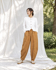 Fall Winter Cotton Linen Balloon Pants, Elastic Drawstring Waist Harem Trousers