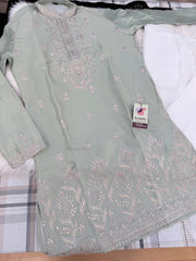 Men's Sage Green Shorter Kurta with Parallel Pants | Floral Embroidery Kurta Pajama Set | Indo-Western Wedding & Festive Kurta Set, KP-4064