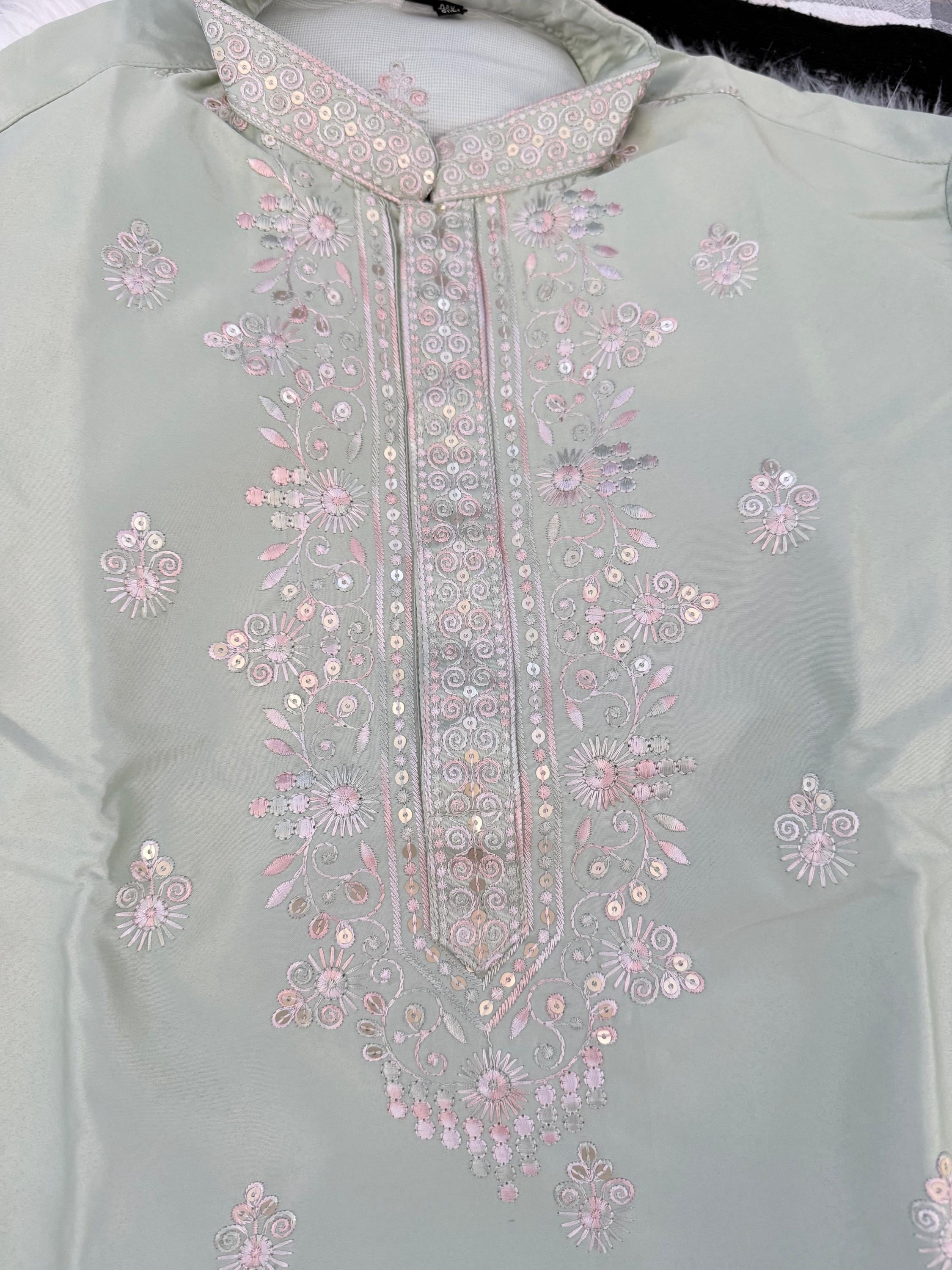 Men's Sage Green Shorter Kurta with Parallel Pants | Floral Embroidery Kurta Pajama Set | Indo-Western Wedding & Festive Kurta Set, KP-4064