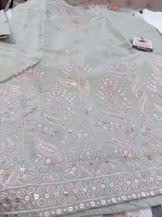Men's Sage Green Shorter Kurta with Parallel Pants | Floral Embroidery Kurta Pajama Set | Indo-Western Wedding & Festive Kurta Set, KP-4064