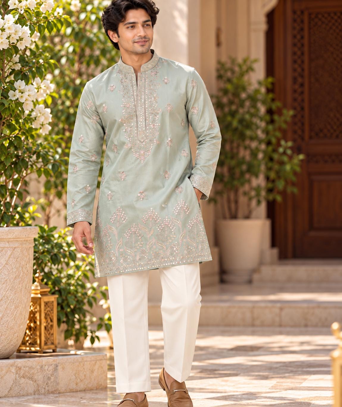 Men's Sage Green Shorter Kurta with Parallel Pants | Floral Embroidery Kurta Pajama Set | Indo-Western Wedding & Festive Kurta Set, KP-4064
