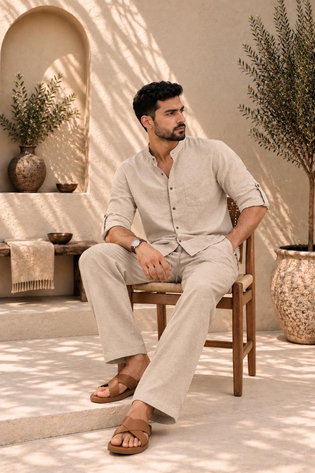 Men's Beige Linen Shirt & Pants Set, Relaxed Resort Wear