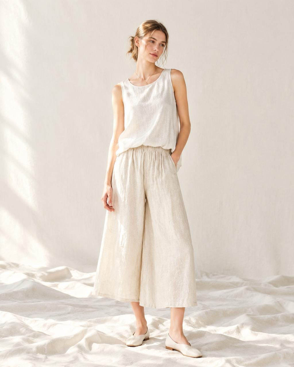 Linen Cotton Wide Leg Pants: Elastic Waist, Loose Fit Summer Trousers A117