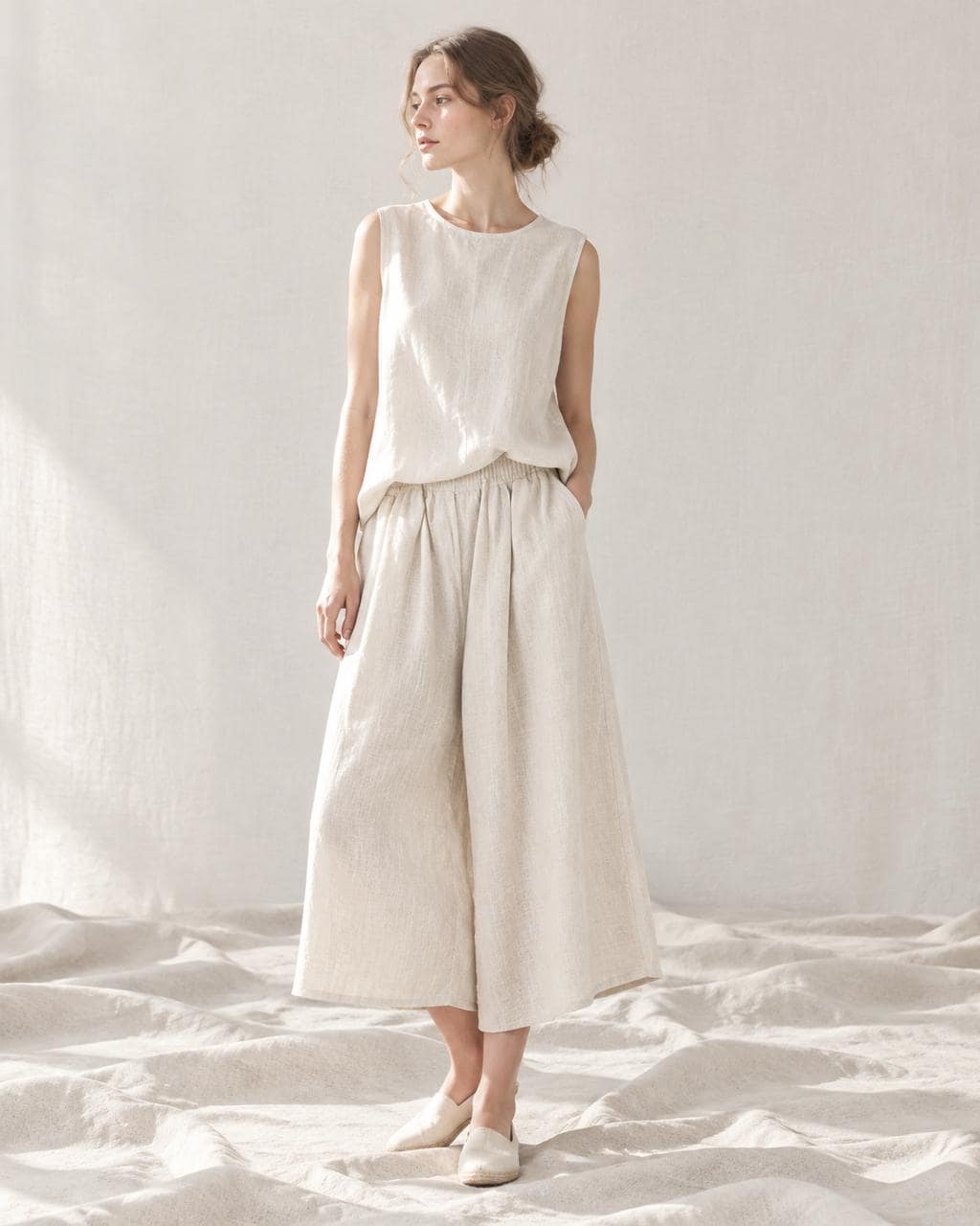 Linen Cotton Wide Leg Pants: Elastic Waist, Loose Fit Summer Trousers A117