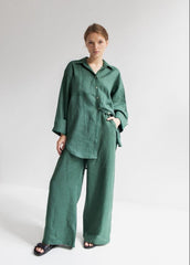 Linen Co ord Set Women, Green Linen Two Piece Set, Elastic Waist Linen Pants & Button Down Oversized Shirt, Casual Loungewear Set