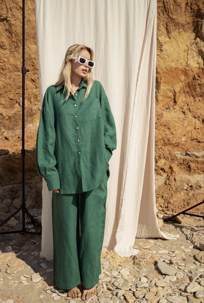 Linen Co ord Set Women, Green Linen Two Piece Set, Elastic Waist Linen Pants & Button Down Oversized Shirt, Casual Loungewear Set