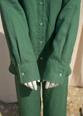 Linen Co ord Set Women, Green Linen Two Piece Set, Elastic Waist Linen Pants & Button Down Oversized Shirt, Casual Loungewear Set