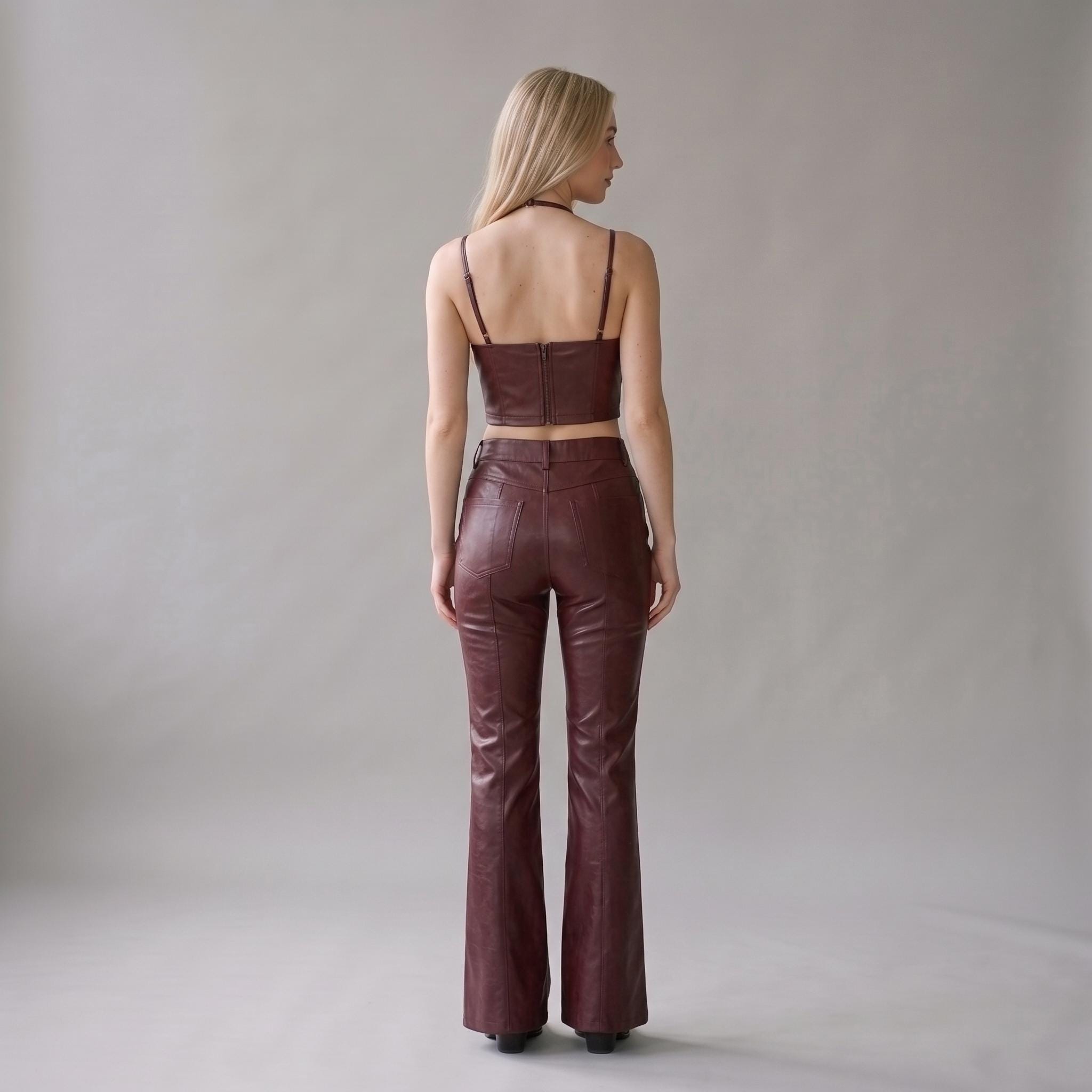 Burgundy Faux Leather Two-Piece Set, Halter Crop Top & Straight Leg Pants