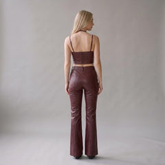 Burgundy Faux Leather Two-Piece Set, Halter Crop Top & Straight Leg Pants