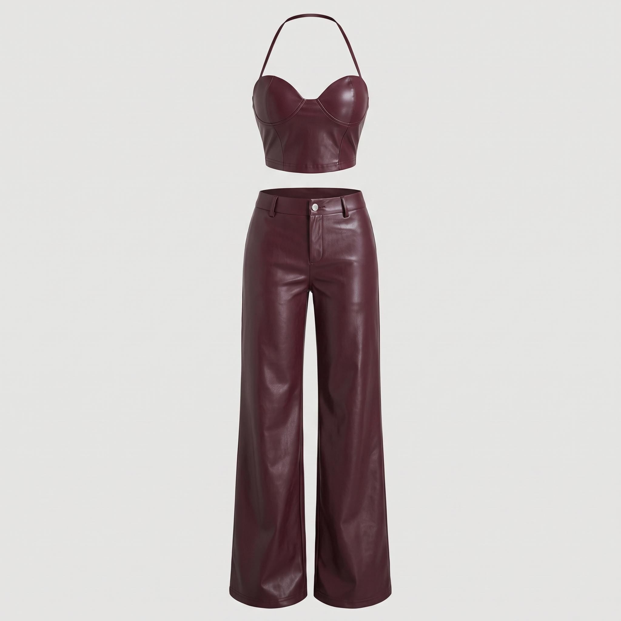 Burgundy Faux Leather Two-Piece Set, Halter Crop Top & Straight Leg Pants