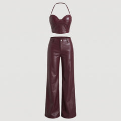 Burgundy Faux Leather Two-Piece Set, Halter Crop Top & Straight Leg Pants