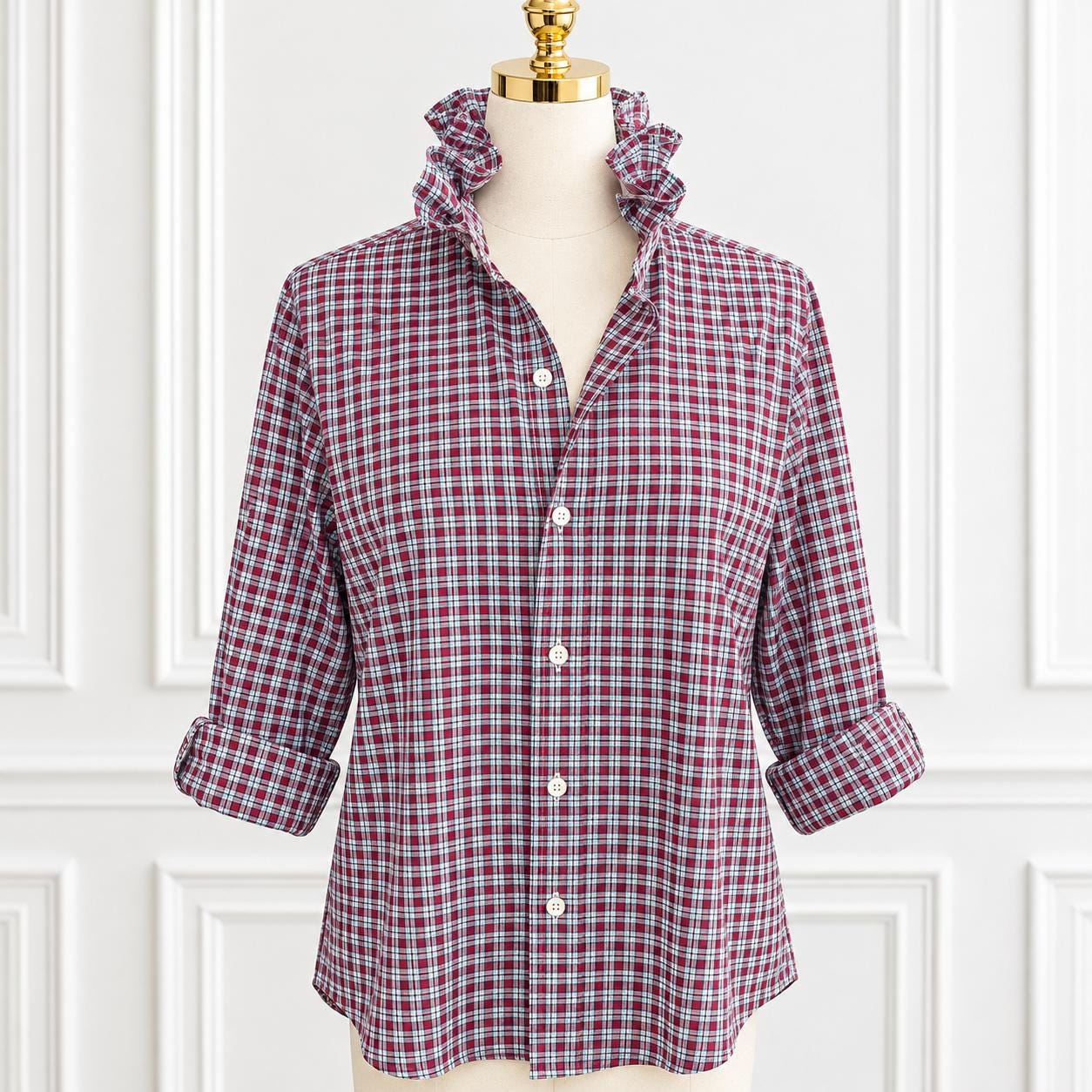 Polo Ralph Lauren Reworked Ruffle Collar Shirt Wine Green White Plaid Medium