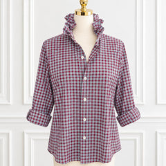 Polo Ralph Lauren Reworked Ruffle Collar Shirt Wine Green White Plaid Medium