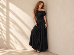 Off Shoulder Two Piece Skirt Set with Ruched Top and Flowy Maxi Skirt