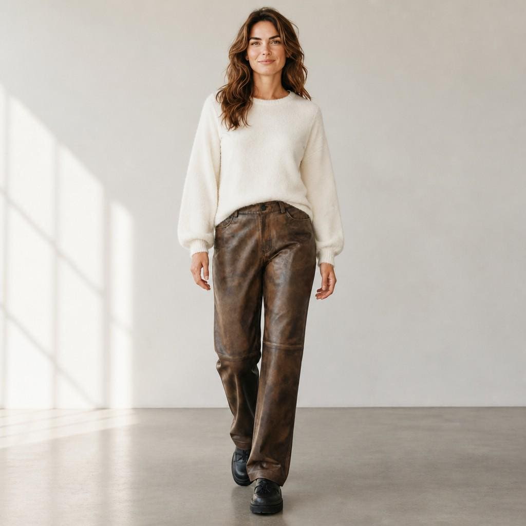 Women's Distressed Brown Leather Pants, Lace-Up Biker Trousers, Vintage Gothic Moto Wear
