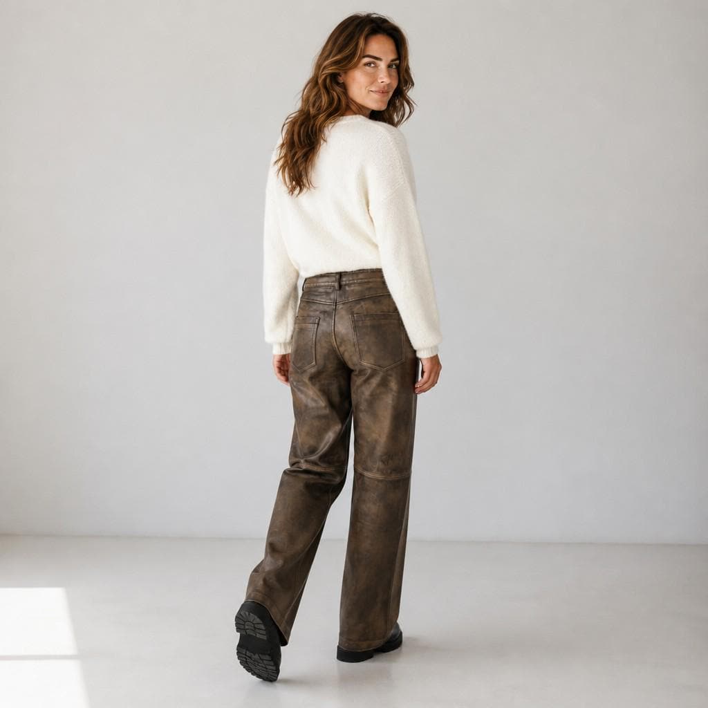 Women's Distressed Brown Leather Pants, Lace-Up Biker Trousers, Vintage Gothic Moto Wear
