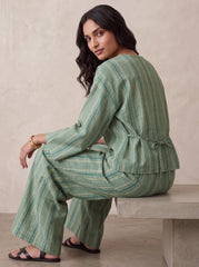Striped Cotton Co Ord Set Women, Wide Leg Pants Set, Cotton Two Piece Outfit, Relaxed Matching Set, Long Sleeve Top and Trousers