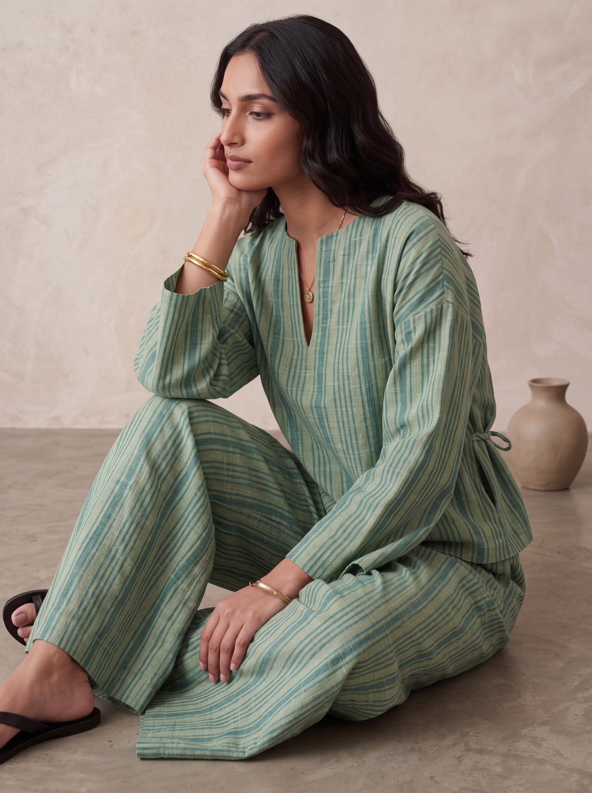 Striped Cotton Co Ord Set Women, Wide Leg Pants Set, Cotton Two Piece Outfit, Relaxed Matching Set, Long Sleeve Top and Trousers