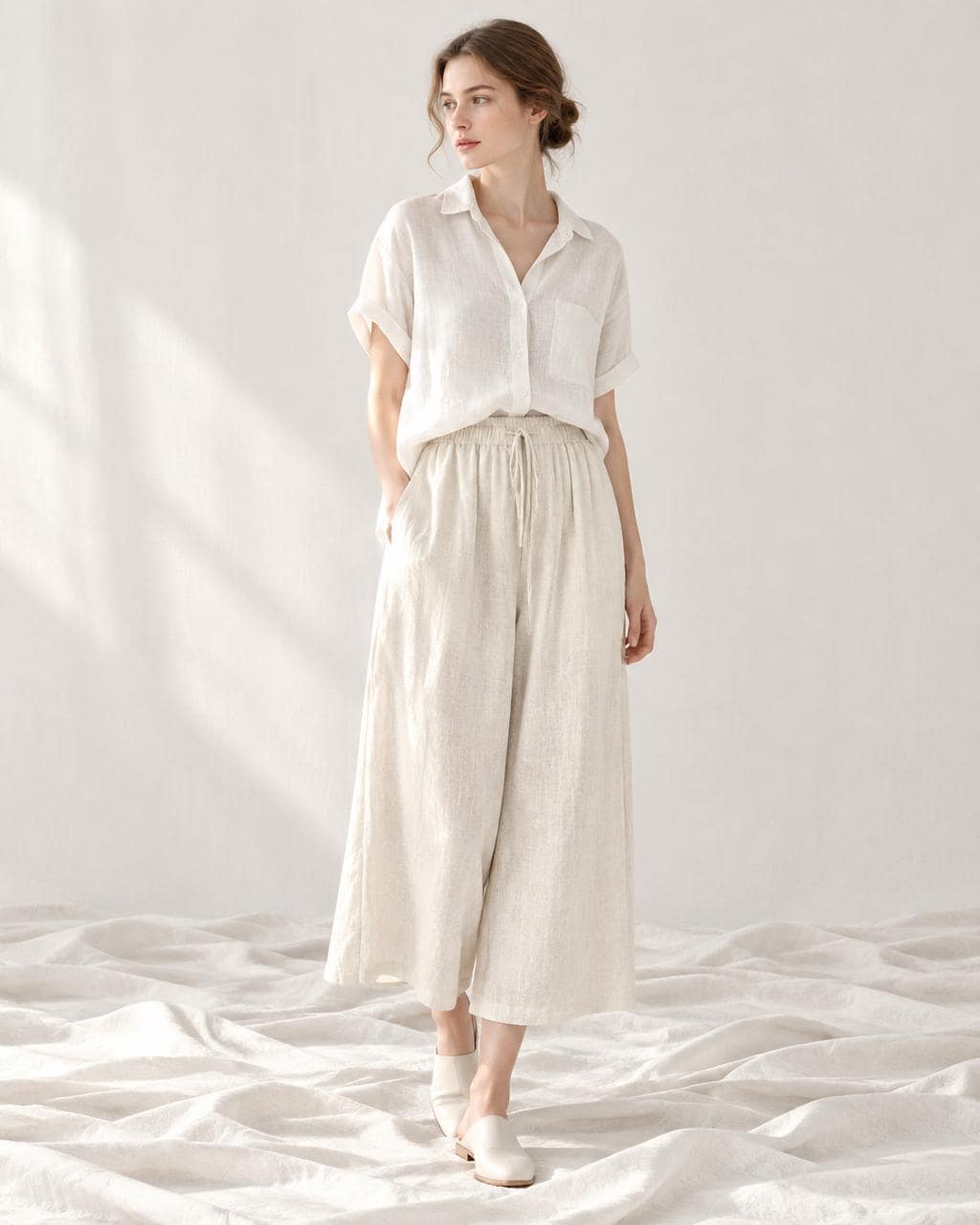 Linen Cotton Wide Leg Pants: Elastic Waist, Loose Fit Summer Trousers A117