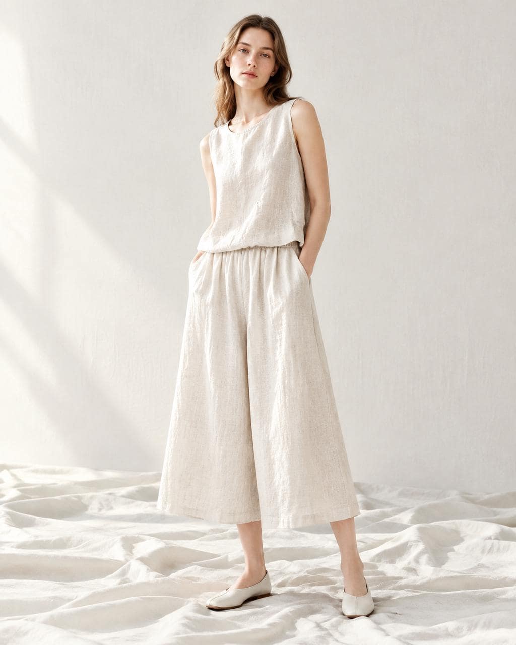 Linen Cotton Wide Leg Pants: Elastic Waist, Loose Fit Summer Trousers A117