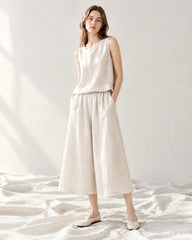 Linen Cotton Wide Leg Pants: Elastic Waist, Loose Fit Summer Trousers A117