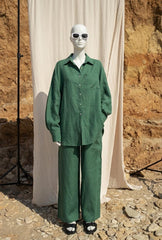 Linen Co ord Set Women, Green Linen Two Piece Set, Elastic Waist Linen Pants & Button Down Oversized Shirt, Casual Loungewear Set