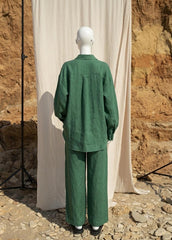 Linen Co ord Set Women, Green Linen Two Piece Set, Elastic Waist Linen Pants & Button Down Oversized Shirt, Casual Loungewear Set
