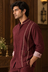 Men's Linen Co-Ord Set with Woven Tape Detail Shirt & Tailored Pants, Relaxed Casual Streetwear Outfit