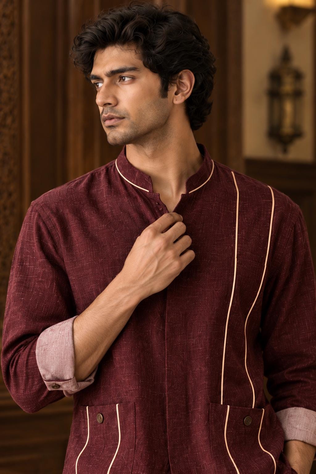Men's Linen Co-Ord Set with Woven Tape Detail Shirt & Tailored Pants, Relaxed Casual Streetwear Outfit