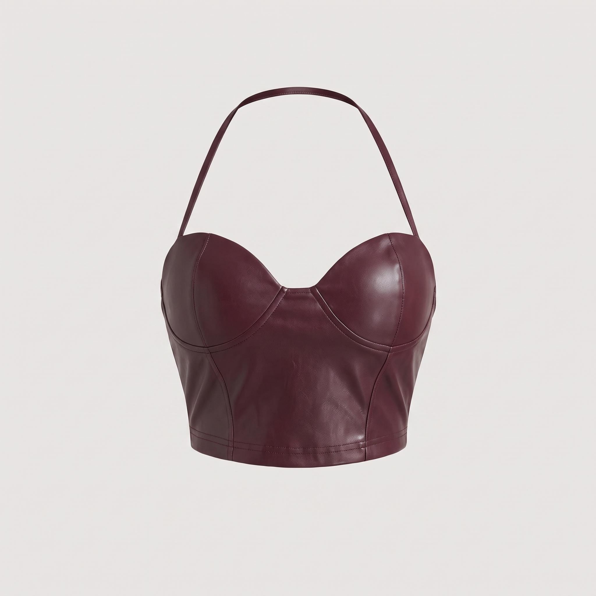Burgundy Faux Leather Two-Piece Set, Halter Crop Top & Straight Leg Pants