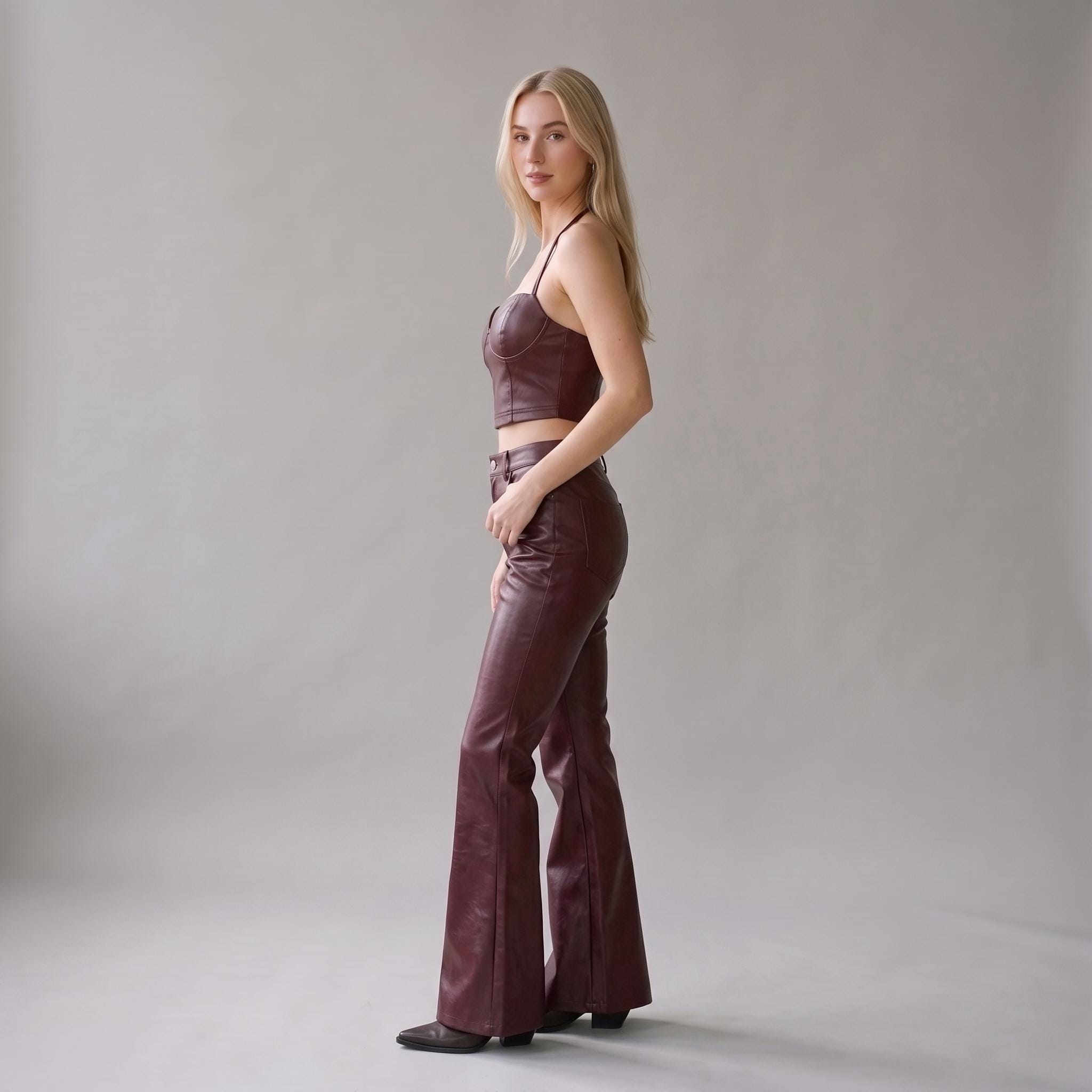 Burgundy Faux Leather Two-Piece Set, Halter Crop Top & Straight Leg Pants