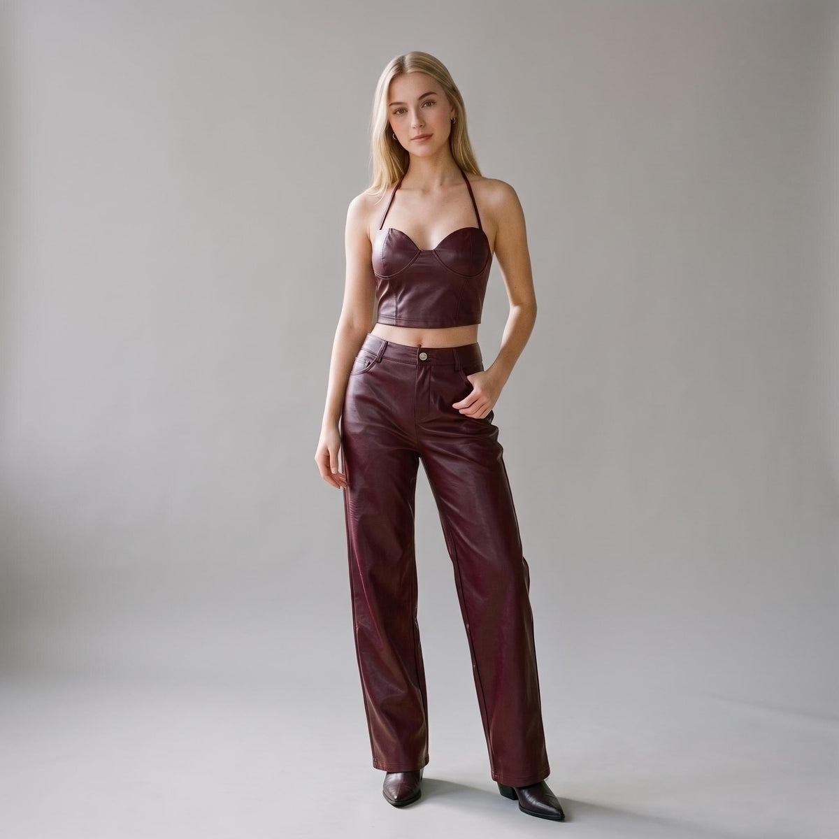 Burgundy Faux Leather Two-Piece Set, Halter Crop Top & Straight Leg Pants