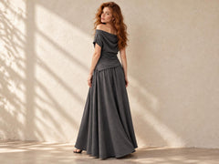 Off Shoulder Two Piece Skirt Set with Ruched Top and Flowy Maxi Skirt