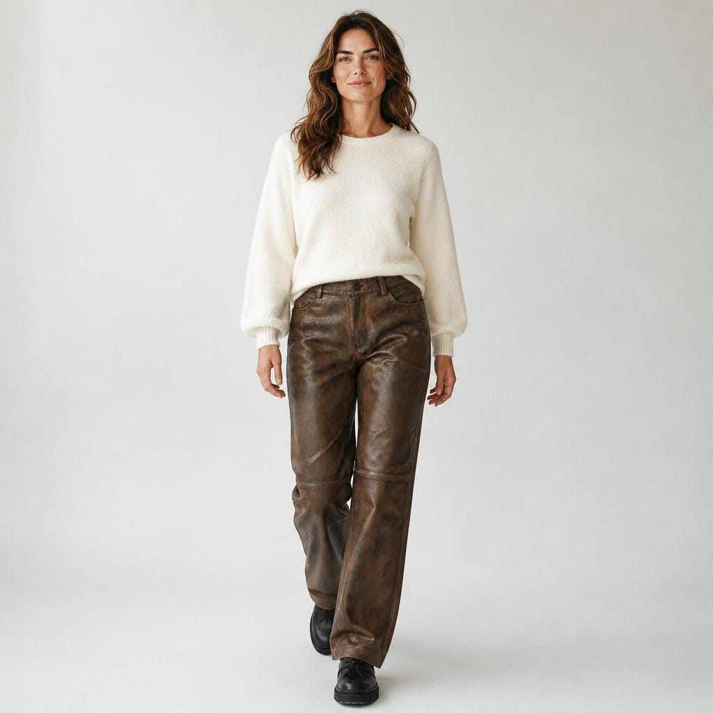 Women's Distressed Brown Leather Pants, Lace-Up Biker Trousers, Vintage Gothic Moto Wear