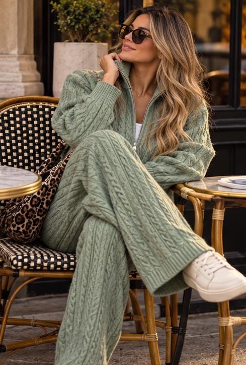 Women's Cable Knit Two Piece Set – Zip Up Sweater & Wide Leg Pants