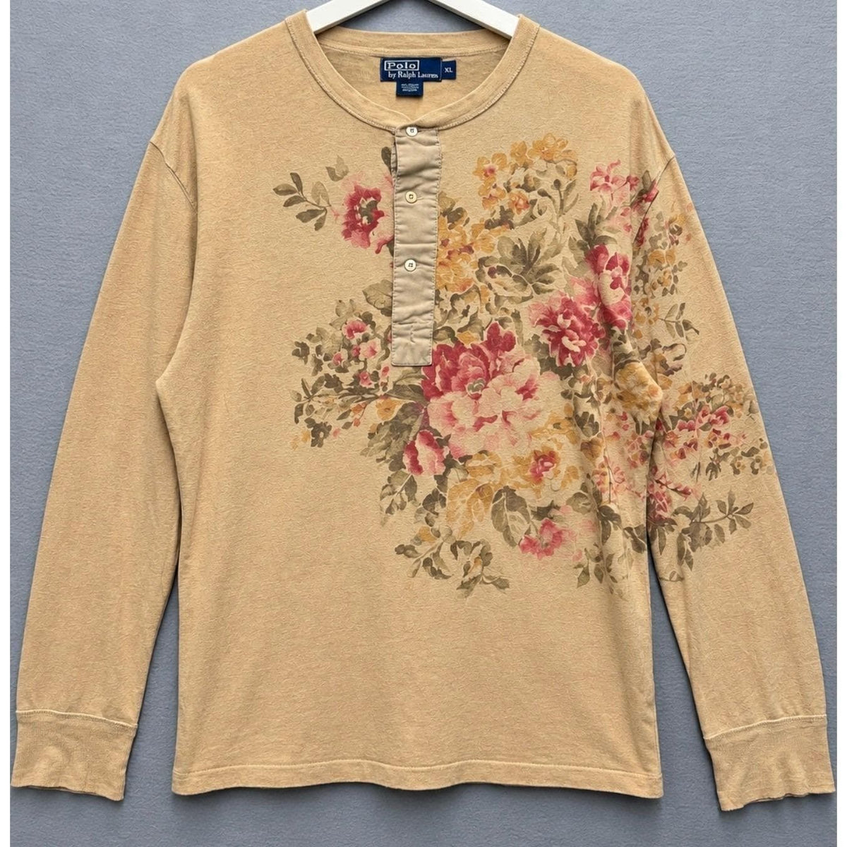 Polo Ralph Lauren Henley Shirt XL Hemp Cotton Floral Long Sleeve